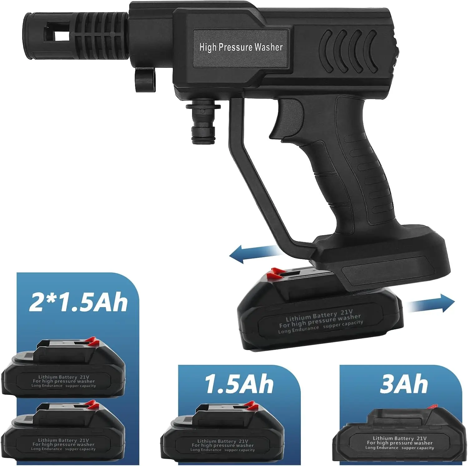 غسالة ضغط لاسلكية، تعمل بالبطارية، خرطوم 5 متر، فوهة قابلة للتعديل، محمولة للسيارة/الحديقة/الأرضية، بطارية 1 × 1.5 أمبير في الساعة