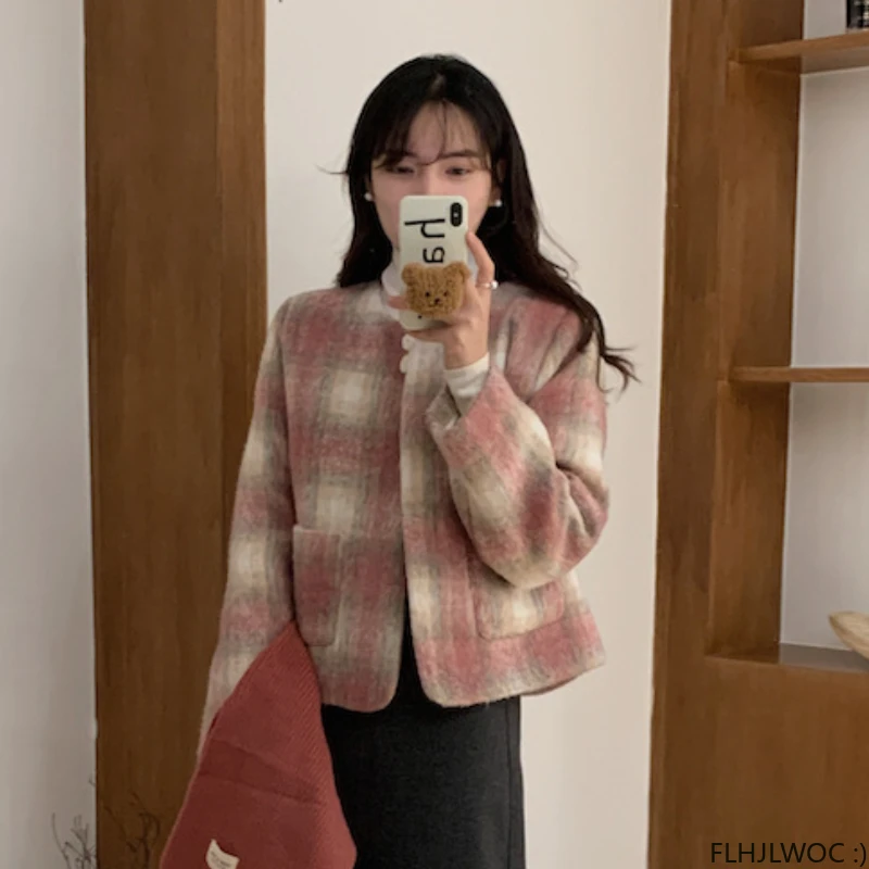 Cute Short Coat Outerwear Retro Vintage Preppy Chic Korea Japan Style Girls Woolen Wool Blends Plaid Coats 2024 Winter Spring