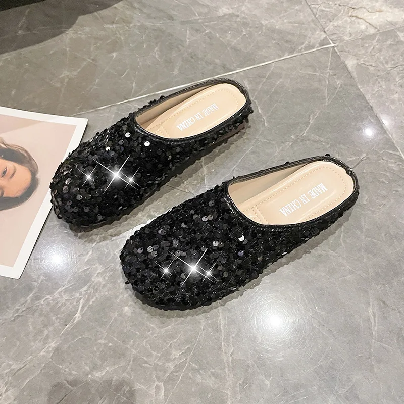 2024 Summer New Fashion Shoes Wear Silver Baotou Glitter Flat Casual Slippers