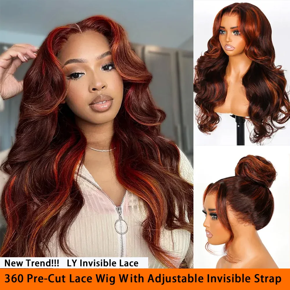 Invisi vorgeschnittene LY-Spitzenperücke, Highlight-Ingwer, 360-Grad-Vollspitze, leimlose Perücke, bereit zum Mitnehmen, 5 x 5-Verschluss-Perücke, lose Wellen, Remy-Echthaar