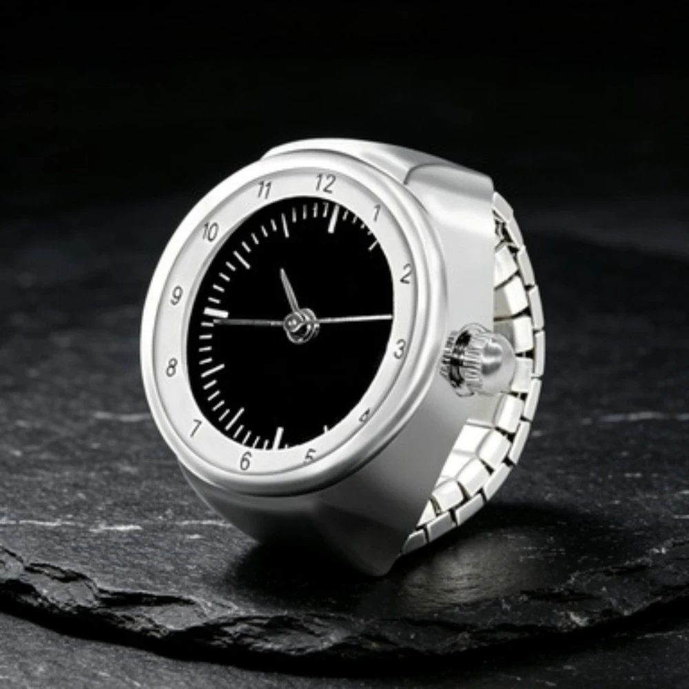 Punk Quartz Watches Finger White Black Color Creative Rings Women Men Mini Elastic Strap Clock Ring Jewelry