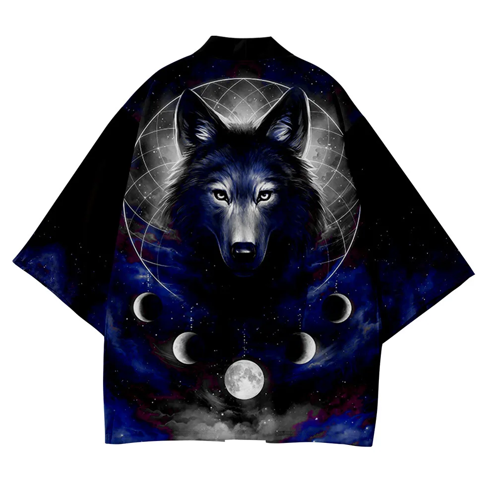 Cardigan Oversized Beach Yukata Robe Japanese Anime Wolf Print Cosplay Kimono Streetwear Women Men Asian Traditional Haori