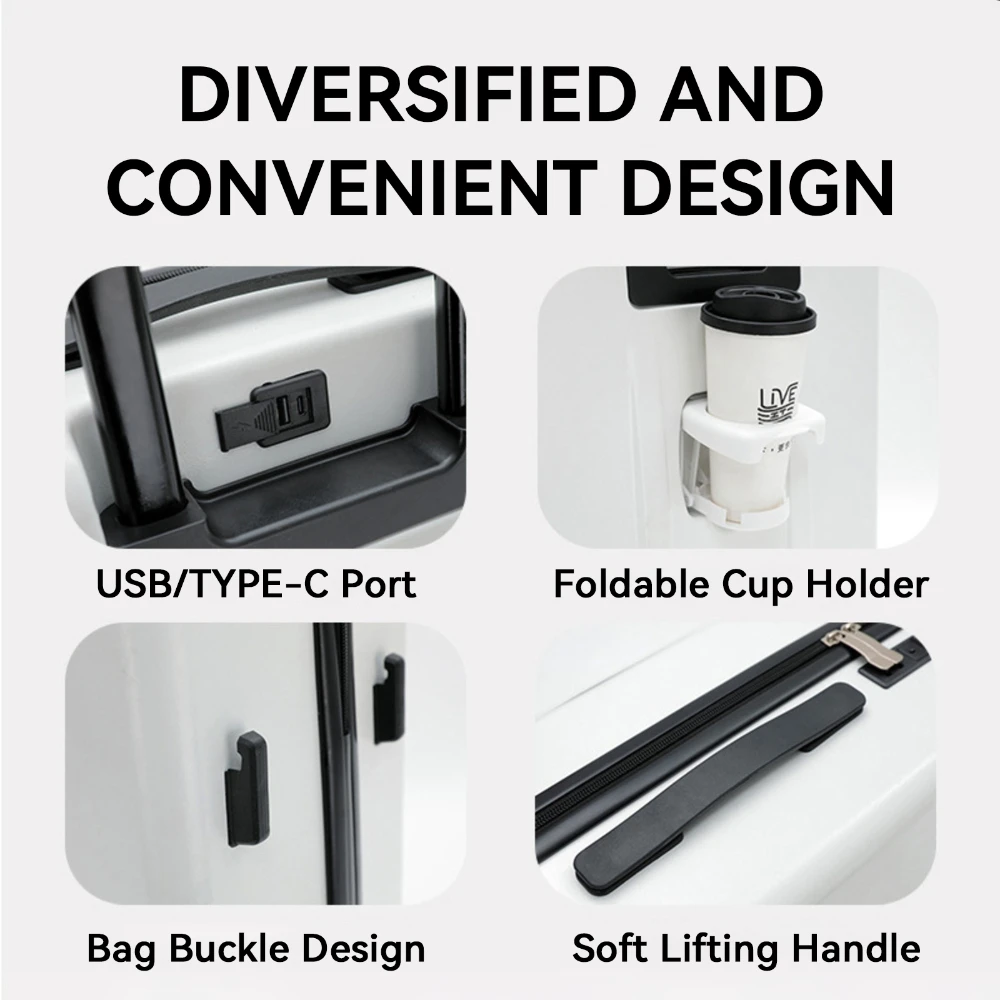 Password Roller Luggage Front Open Design Suitcase Metal Handle Rod With Phone Holder Cup Holder Bag Hook For Travel Boarding