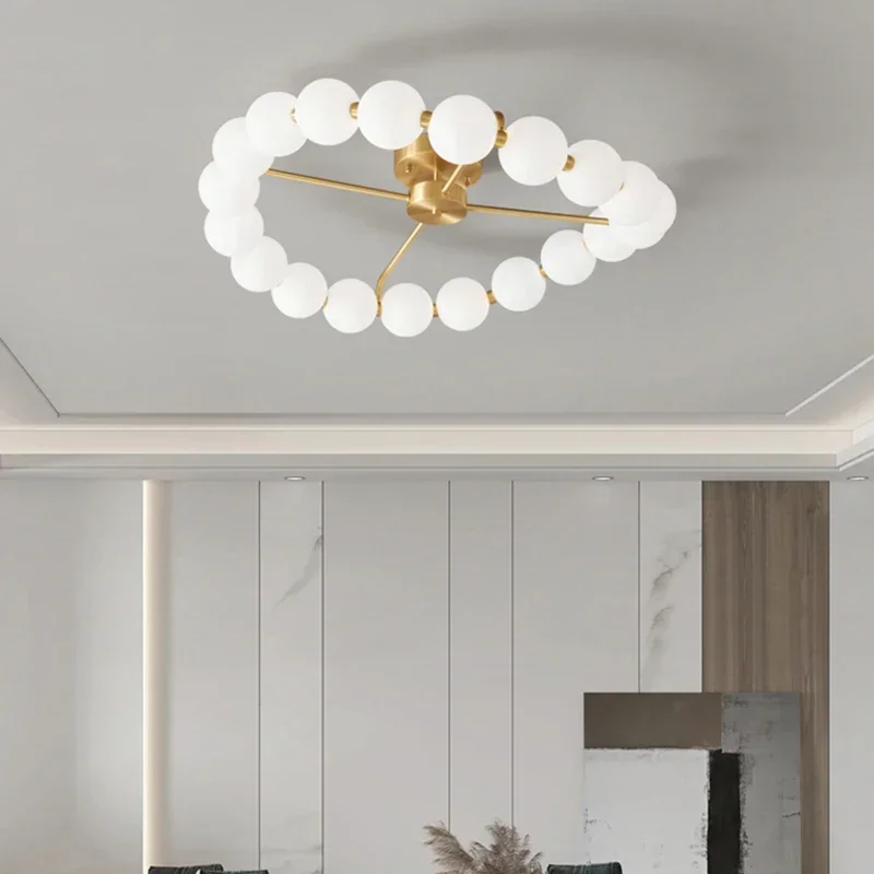 MandosBor Copper Ring LED Chandelier White Acrylic Ball Living Room Dining Room Hanging Lamp Changeable Dimming Gold Brass