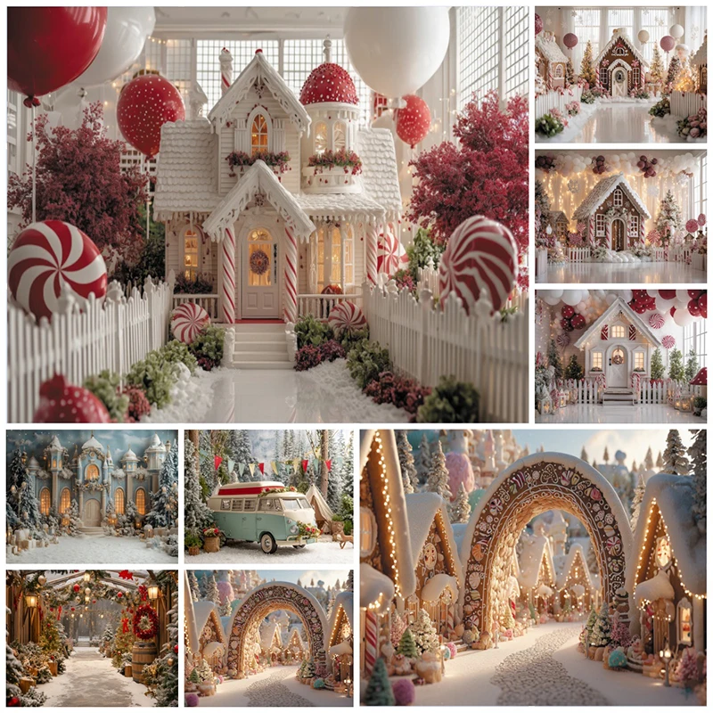 Christmas Decorations Photography Backgrounds Gingerbread House Candy Cane Balloon Kid Family Holiday Celebration Photo Backdrop
