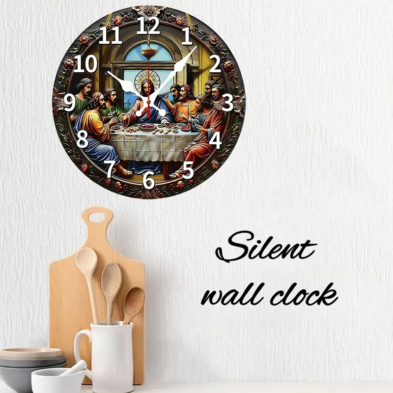 ساعة حائط معلقة خشبية مستديرة صامتة من The Last Supper، مناسبة لغرفة المعيشة والمكتب وغرفة الدراسة وغرفة النوم وديكور المنزل #3