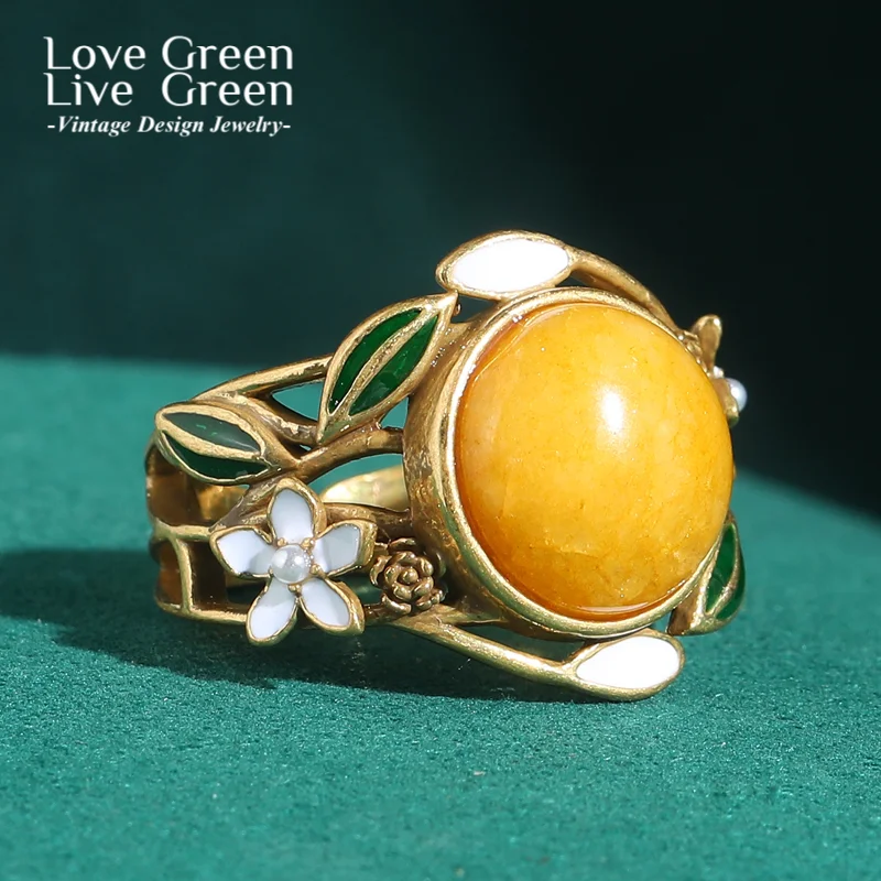 

Vintage Yellow Natural Stone Ring Antique Cherry Blossom Round Leaf Gold Color Quality Luxury Jewelry Designer Gifts Wedding New