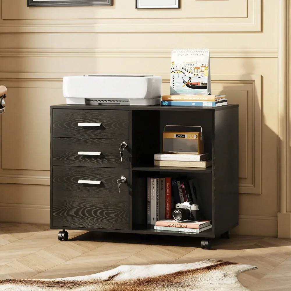 

Locking File Cabinet, Mobile Lateral Filing Cabinet, Printer Stand With Open Storage Shelves For Home Office