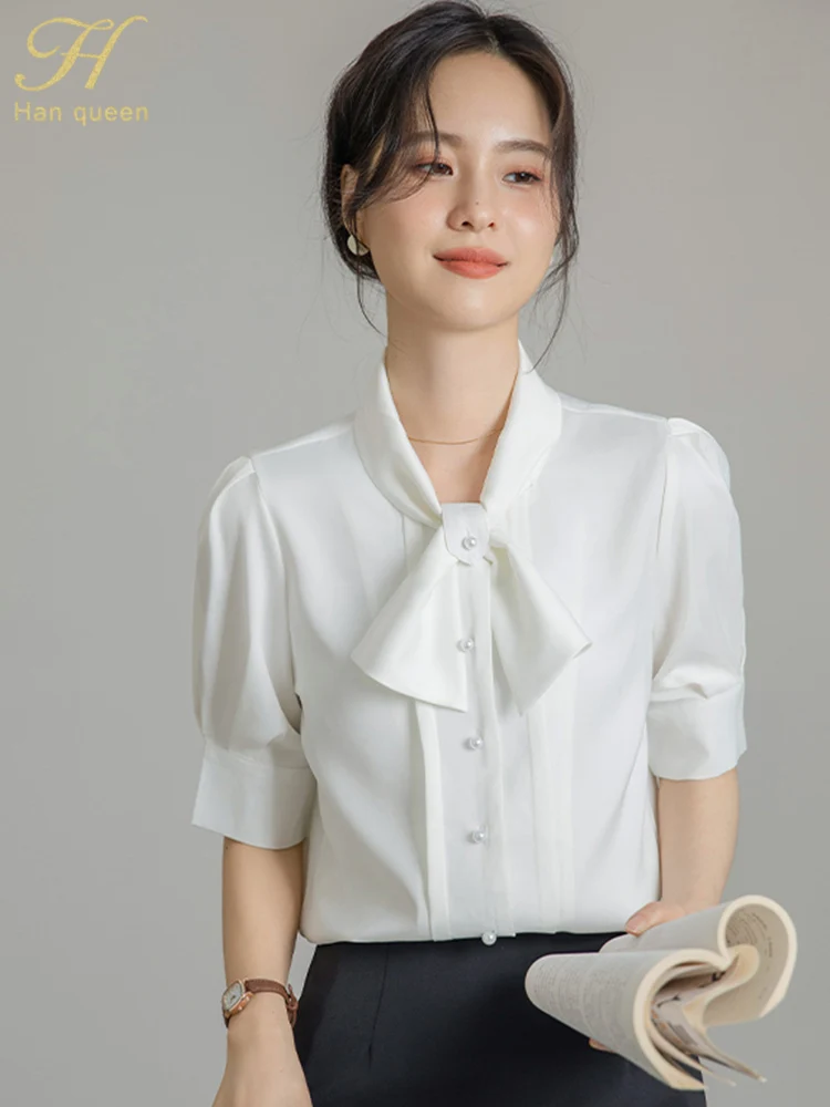

H Han Queen Elegant Korean Loose White Bow Chiffon Simple Office Tops Short Sleeve Women's Shirt Casual Blouses Woman Clothing