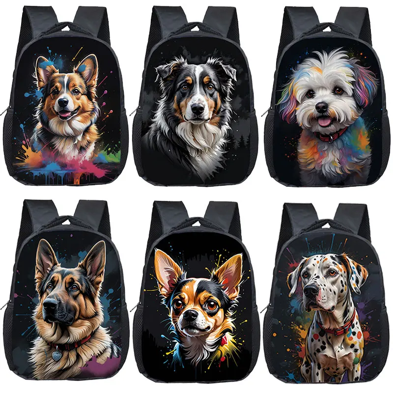 12 Inch Watercolor Graffiti Dogs Backpack for 2-4 Years Old German Shepherd Pug Border Chihuahua Dog Child School Bag Bookbag