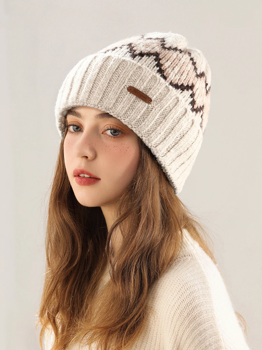 USPOP Autumn Winter Knitted Beanie for Women and Men, Wool Blend Diamond Lattice Warm Hat, Outdoor Ear Protection for Large Head