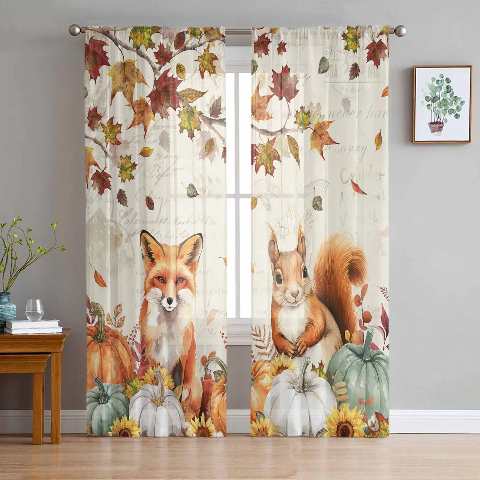 Pumpkin Fox Squirrel Vintage Letter Curtains Living Room Bedroom Kitchen Decoration Window Voiles Organza Tulle Curtain