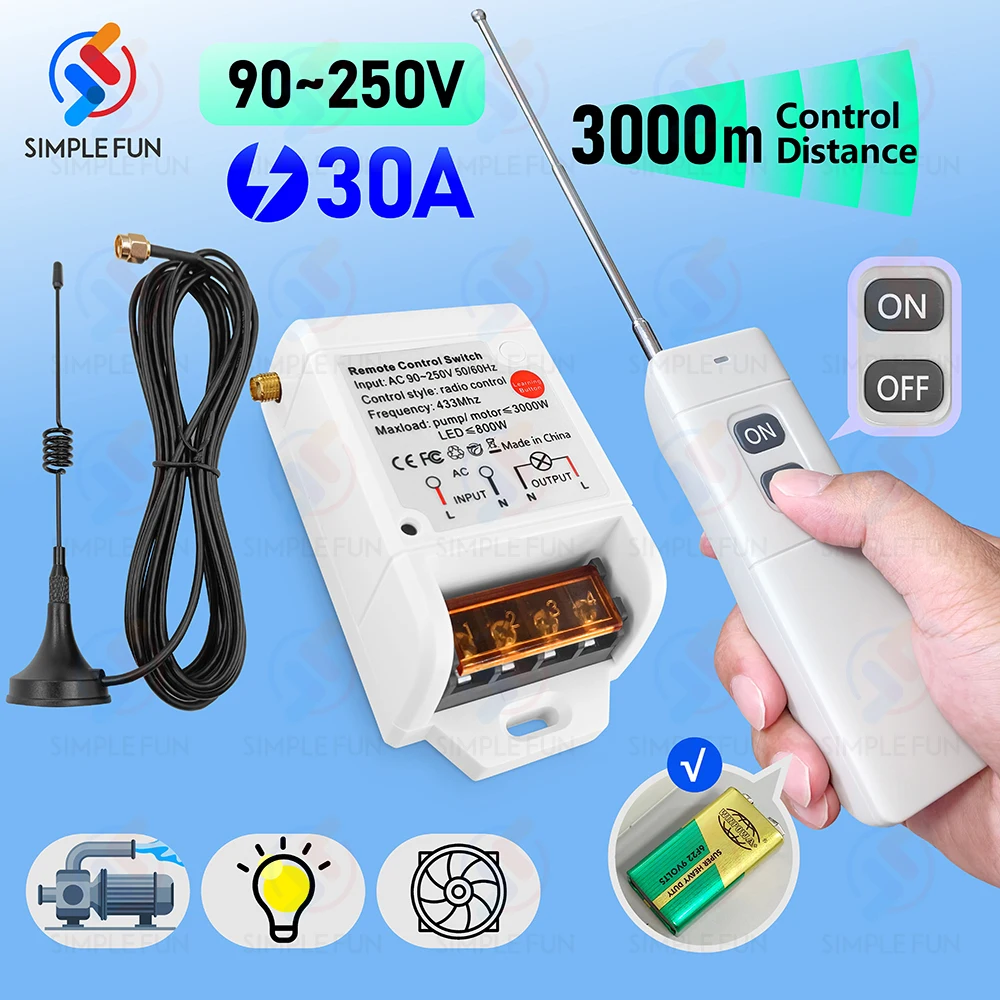 Wireless Pump Remote Control Switch 110V 220V,3000m Remote,30A High Power RF Module with 2m External Antenna,for Motor/Fan/Light