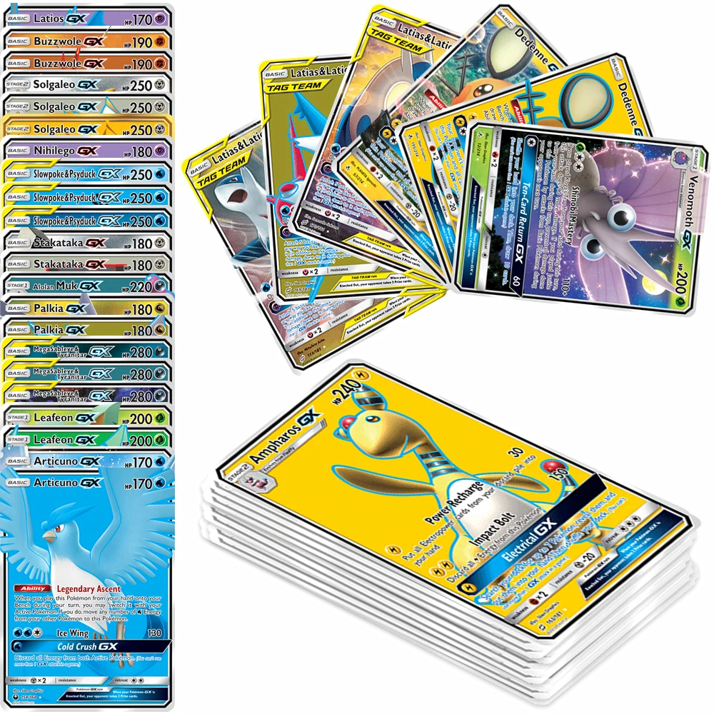 60pcs English Pokemon Cards Tag Team EX GX MEGA VMAX V VSTA Pikachu Evolutions Flash Card Game Carte Trading Collection Cards