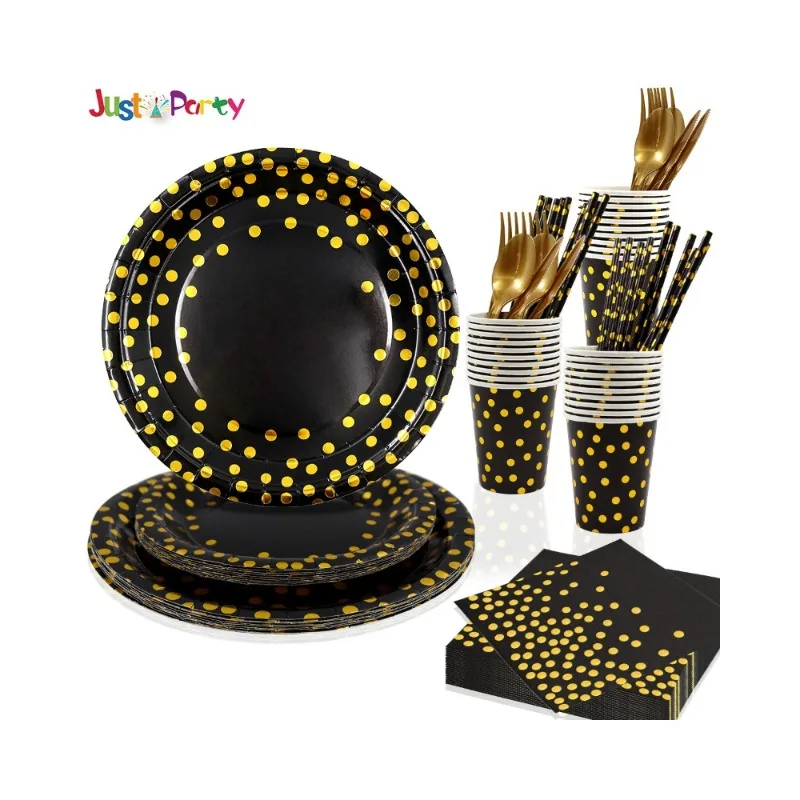 10 Ospiti Punti Oro Nero Articoli Feste Piatti Carta Usa E Getta Alta Qualità Tazza Por Laurea Matrimonio Bridal Shower Party