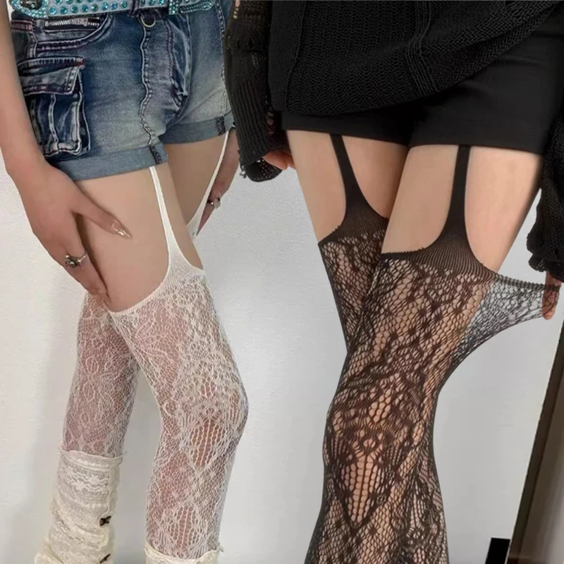 

Lace Trim Suspender Pantyhose Women's One-Piece Slimming Stockings High Waist Sexy Tights Sheer Mesh Over Knee Socks Underwear
