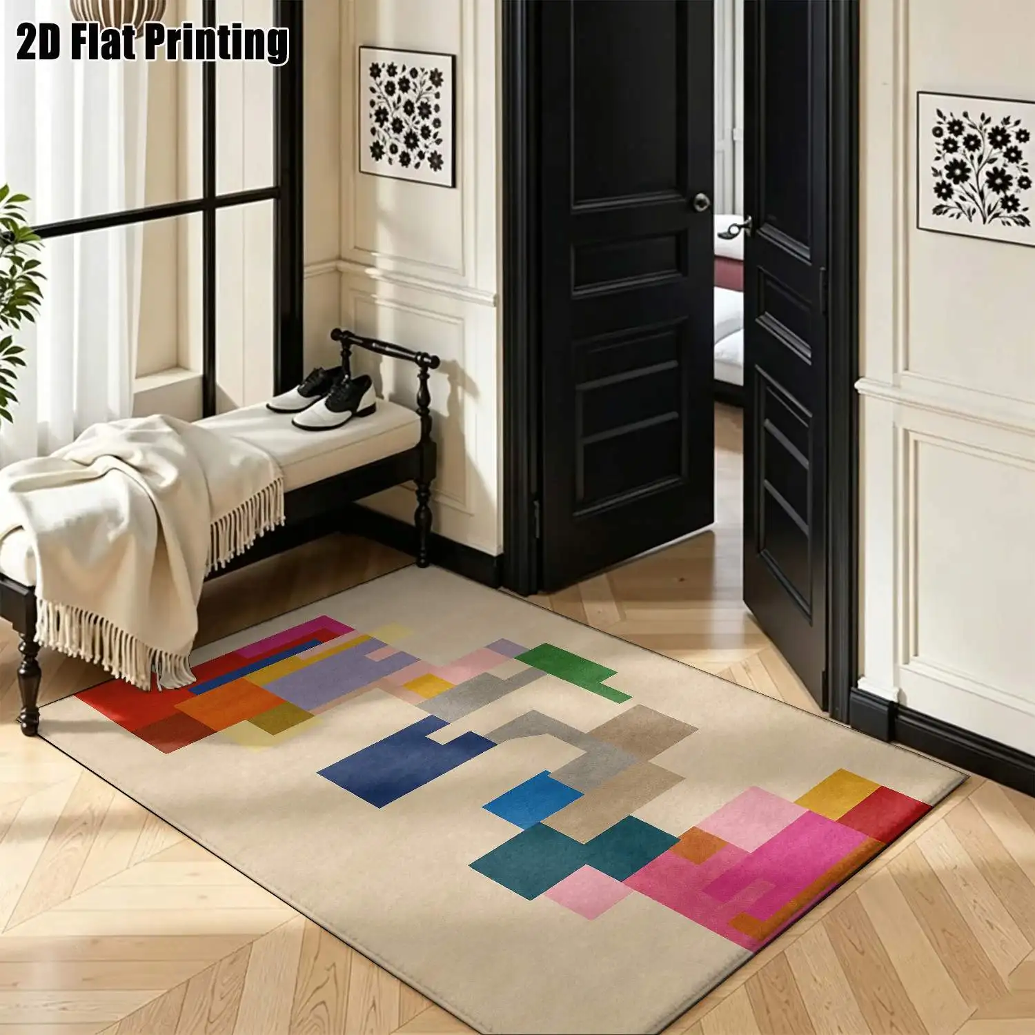 1Pc 2D Printed Colorful Geometric Block Pattern Carpets: Nordic/Instagram/Modern Minimalist/European/Vintage Style, Multi-Size, Machine Washable, for Entrance, Dining, Foyer, Living Room, Bedroom Home Decor