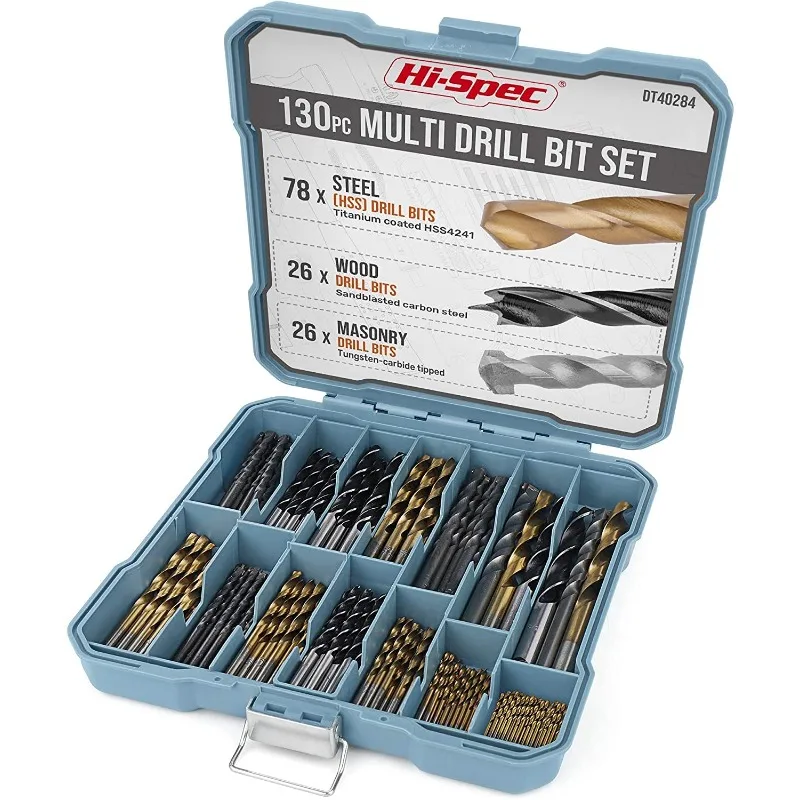 Drill Bit Set 130pc Multi SAE – 11 Sizes 1/16in to 3/8in – HSS Titanium, Masonry & Brad Point Steel Bits – Drill Bits for Meta