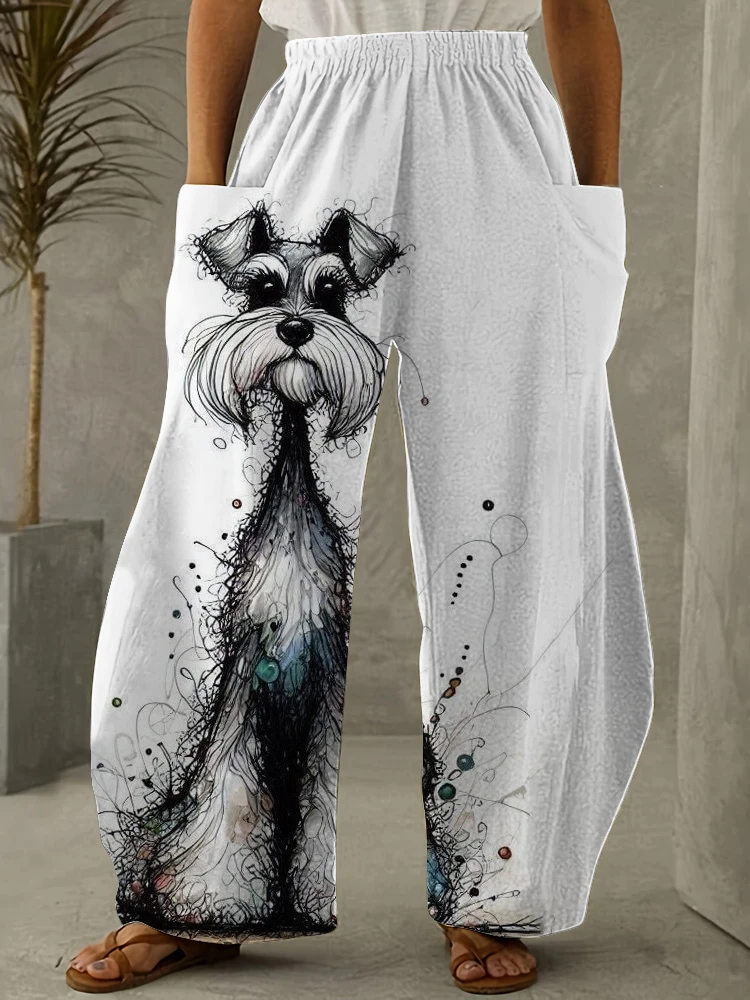 Women's Pants Fashion Puppy Print Elegant Women's Pants Retro Large Sized Casual Women's Clothing Sports Women's Wide Leg Pants