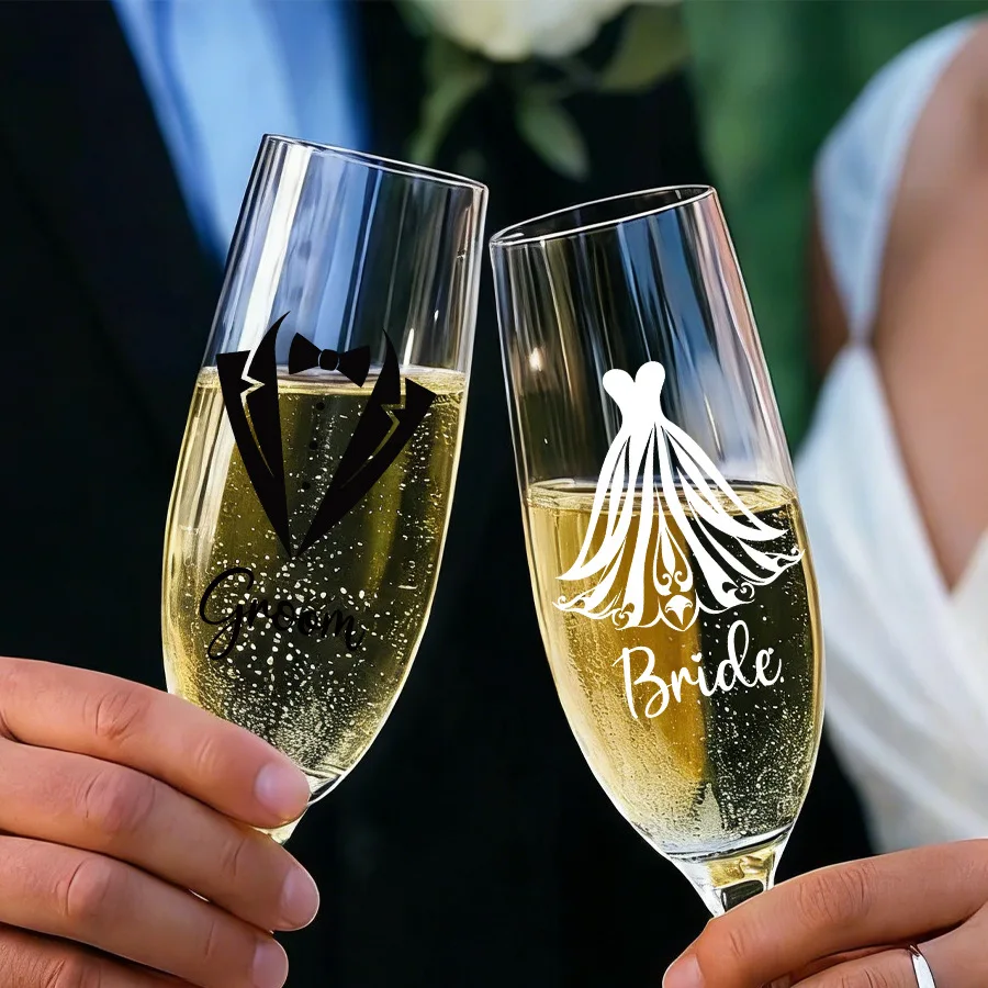 Wedding Champagne Glass Decorations sticker for groom bride wedding dress suit wedding wine glass Decals