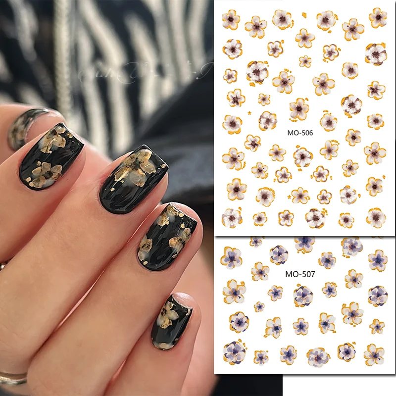 

5D Embossed Nail Art Decals Retro Golden Lines Purple Little Petals Flowers Nails Stickers Decorations For Manicure