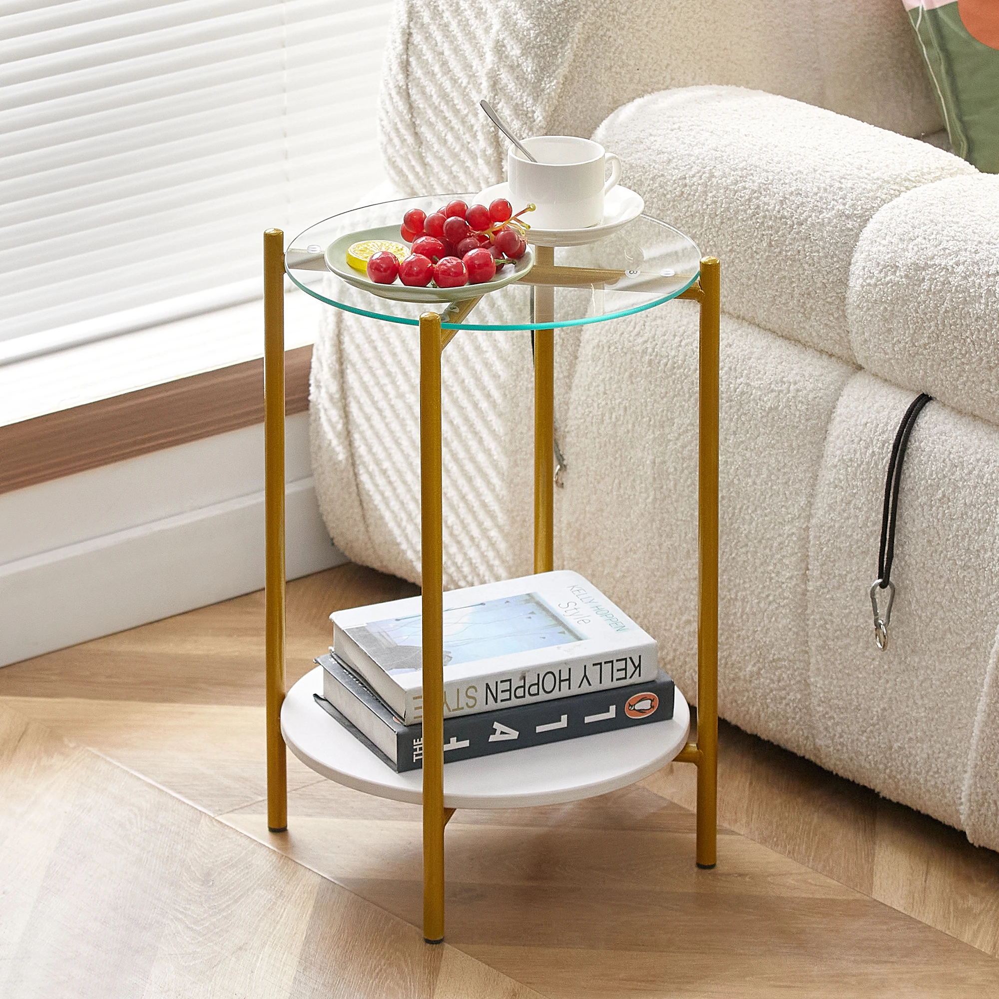 2-layer End Table with Tempered Glass and Marble Tabletop, Round Coffee Table with Golden Metal Frame for Bedroom Living Room Of