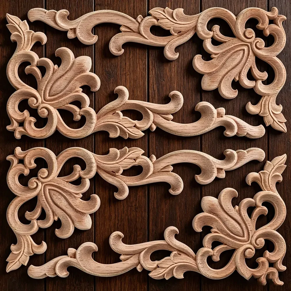 4PCS Woodcarving Decal Wood Appliques for Furniture Cabinet Unpainted Wooden Mouldings Decal Decorative Figurine 20x10cm