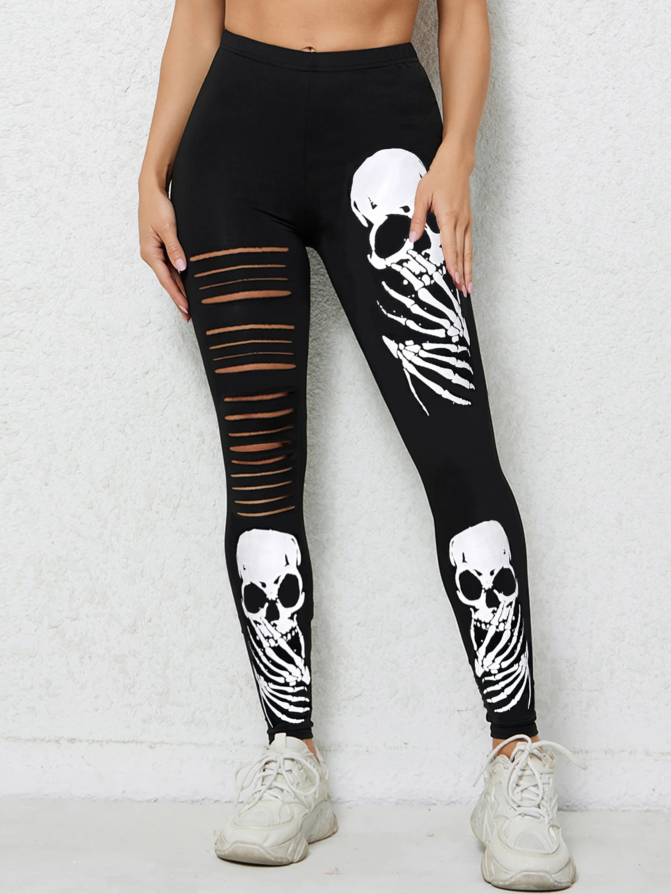 Europe And The United States Explosive Skull Printed Nine-point Pants Halloween Hole Leggings Personality Creative Style