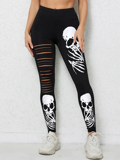 Europa i Stany Zjednoczone Wybuchowe dziewięciopunktowe spodnie z nadrukiem czaszki Halloween Legginsy z dziurami Osobowość Kreatywny styl