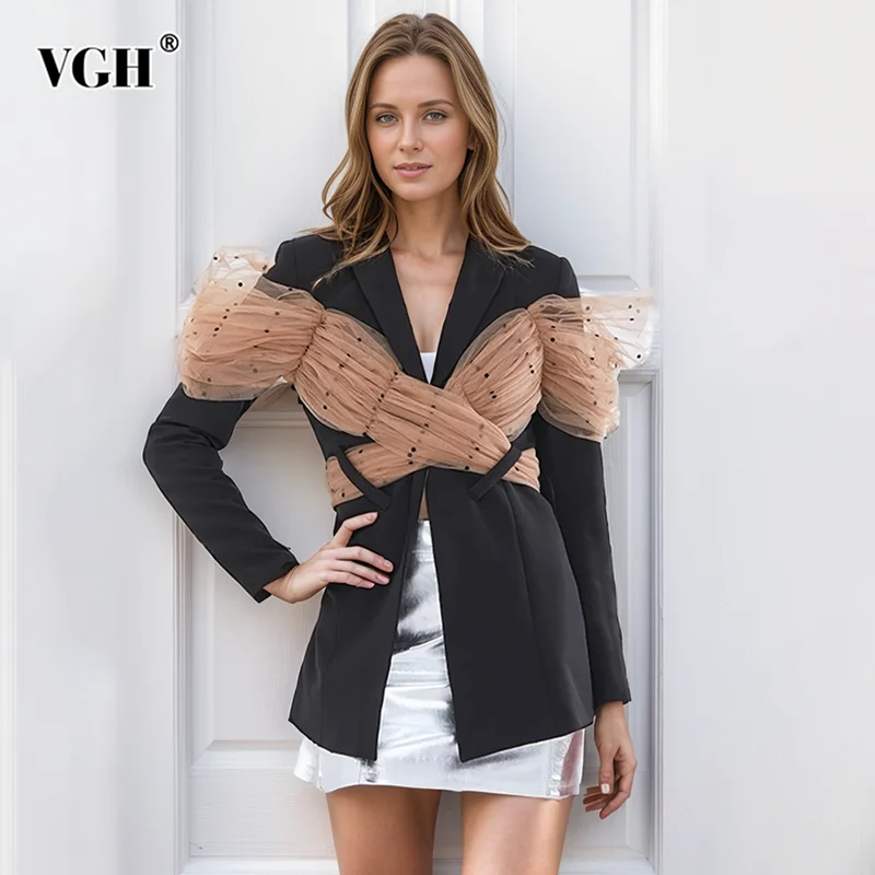 

VGH Elegant Patchworl Sheer Mesh Blazers For Women Notched Collar Long Sleeve Hit Color Temperament Blazer Female Fashion Style