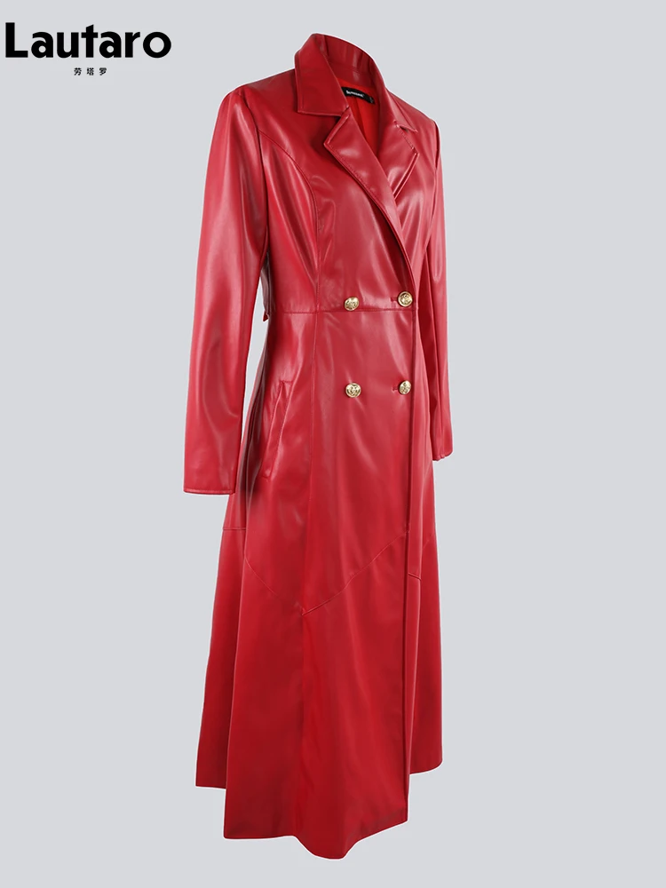 Nerazzurri Extra Long Red Black Pu Leather Trench Coat for Women with Gold Button Double Breasted Luxury Elegant Chic Overcoat