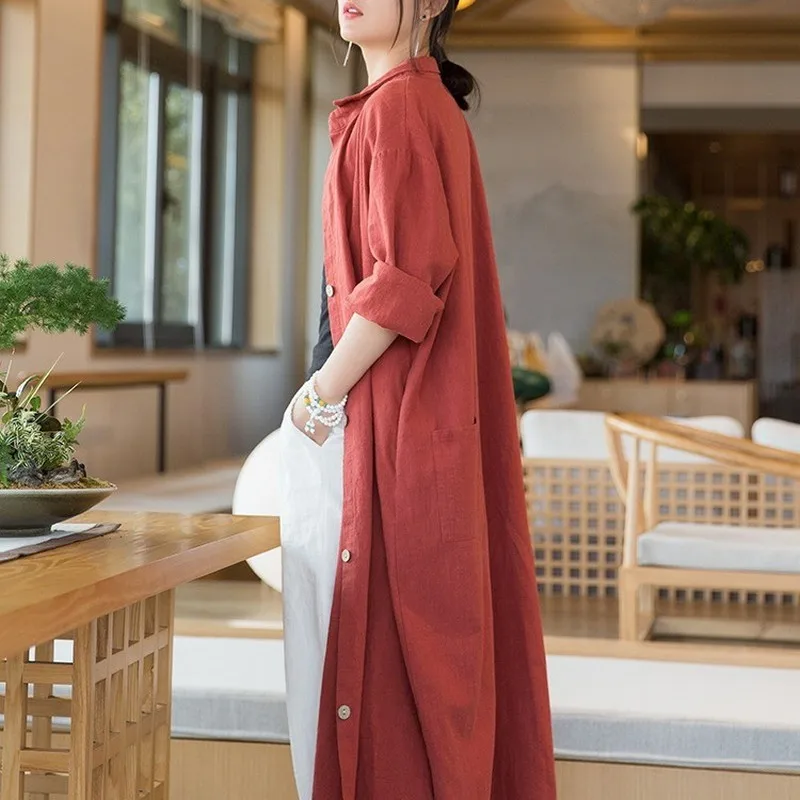 ゆったりとしたヘンプコットンカーディガン、膝丈、無地、多用途、秋の新作、レディース通勤、スリーブロングコート