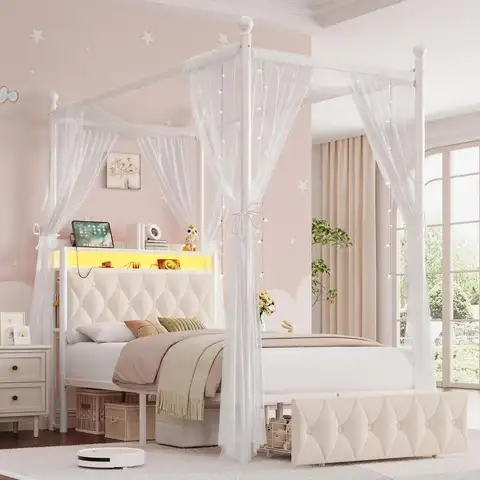 Estrutura de cama de dossel LED estofada de tamanho duplo para crianças com armazenamento, estação de carregamento, cabeceira tufada com botão, estante, dupla pur