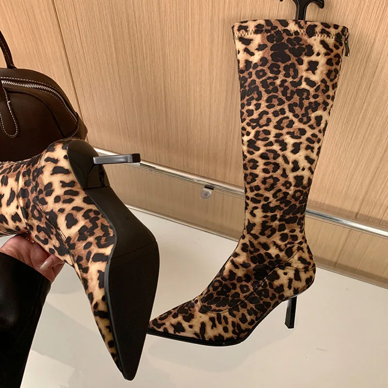 Footwear Fashion Leopard print Women Knee High Stretch Boots Female Designer Shoes Modern Ladies Long Booties Heels Pumps Shoes