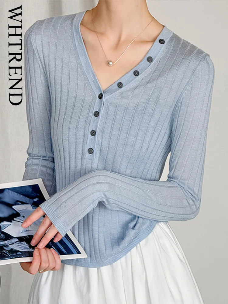 

WHTREND Ранняя осень, новая эластичная трикотажная футболка с v-образным вырезом для женщин, новые тонкие рубашки в мягкую полоску с длинными рукавами WH1549