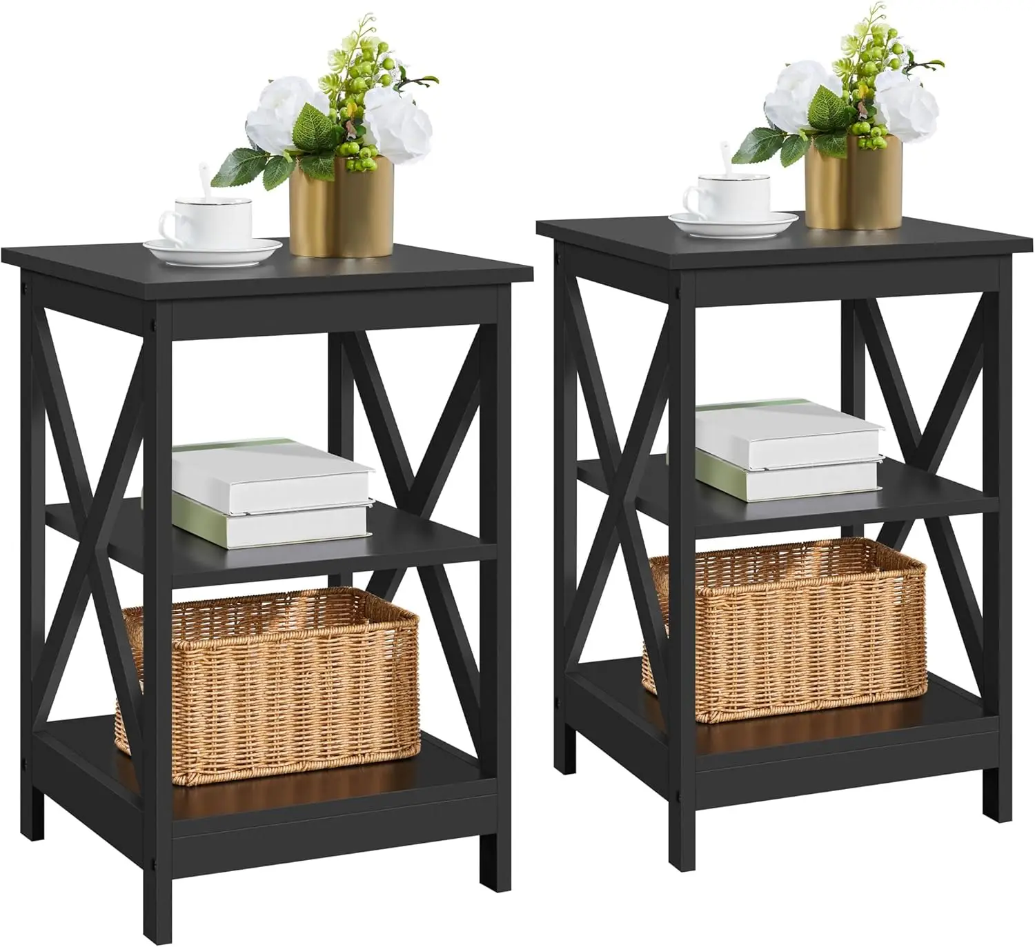 

3 Tier End Tables with Shelves, Wooden X-Design Sofa Chair Side Table Storage Stand, Accent Home Furniture, Set of 2