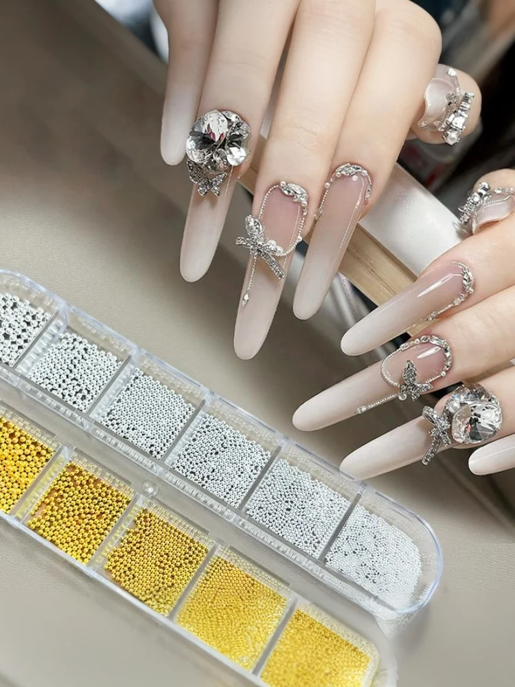 12 Gitter 0,6-2mm Gemischte Größen 3D-Design Nagelkunst Winzige Stahlperlen Gold Silber Schmuck Maniküre-Tipps Charm Mikrokugeln DIY-Dekoration – Detail 10