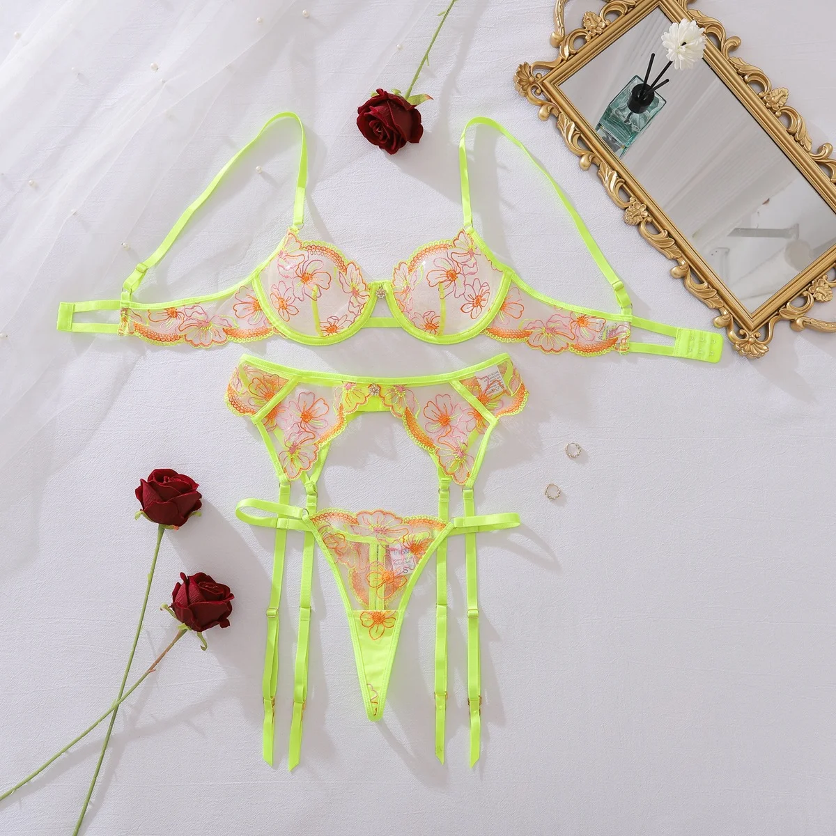 Seductive 3‑Piece Separated Lingerie Set Fashion Color Contrast Floral Embroidered Underwire Push‑Up Body Shaping Intimates