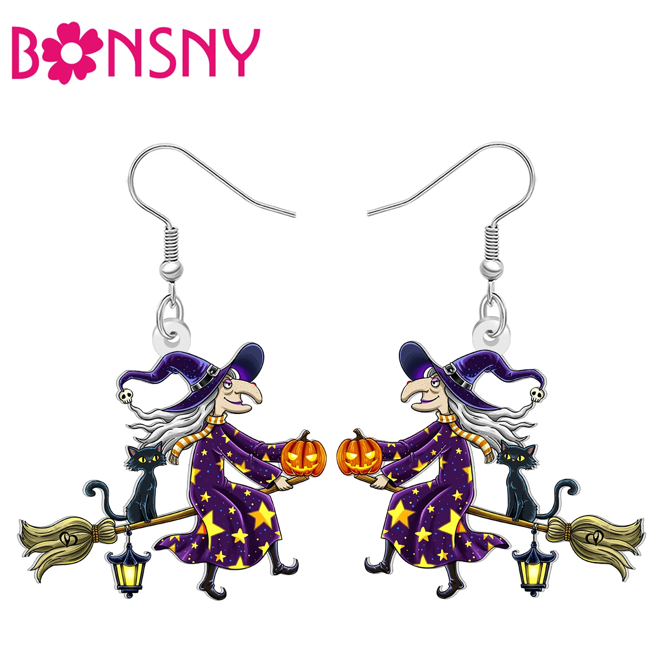 BONSNY Acrylic Flying Broomstick Witch Earrings Pumpkin Lantern Evil Black Cat Wizard Jewelry Halloween Gifts For Women Charms
