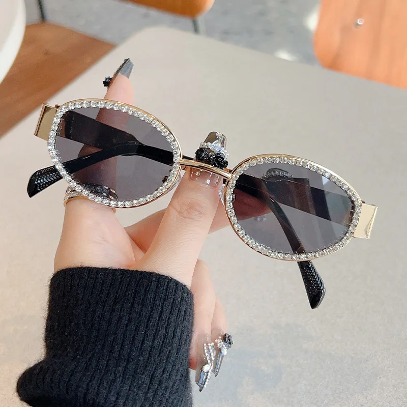 Drill sunglasses female senior feeling INS oval-framed metal glasses fashion European and n Y2K sunglasses