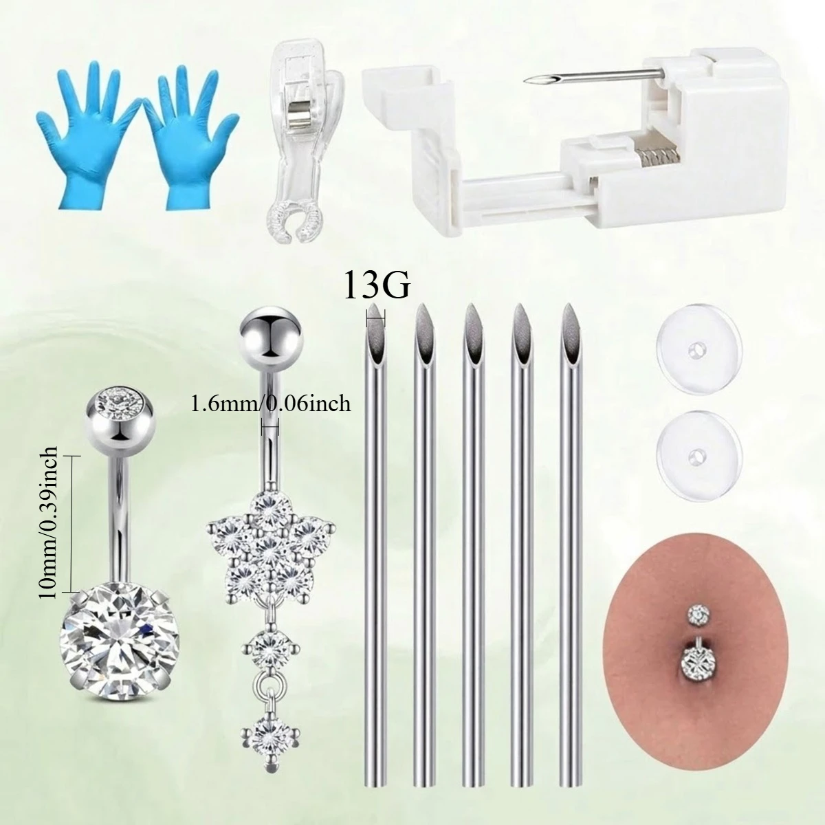 Belly Button Piercing Kit, Professional Self Piercing Gun Tool Set with Navel Rings,Piercing Needles, Gloves Stabilizer Clamp