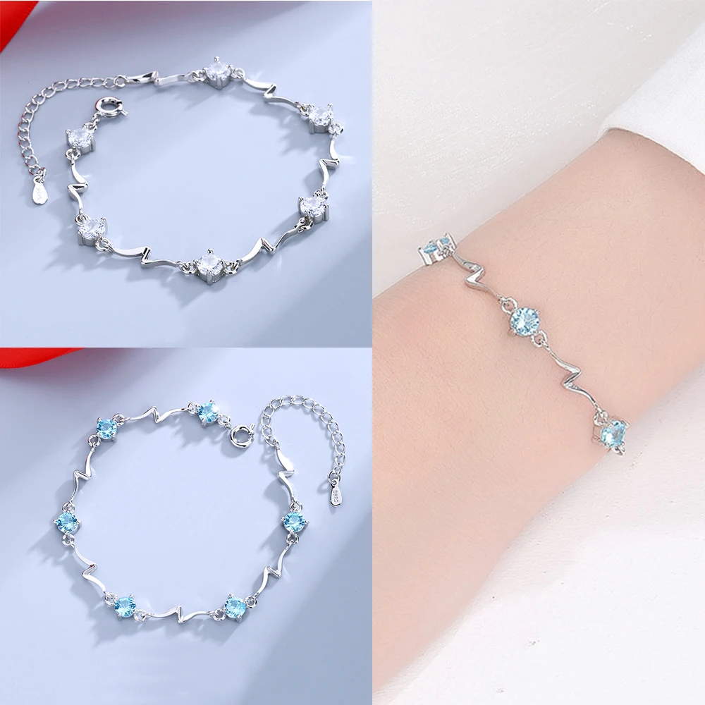 

NEW European S925 silver Blue Wave Zircon Heart of the Ocean Bracelet Chain For Women Birthday Party Gift Jewelry