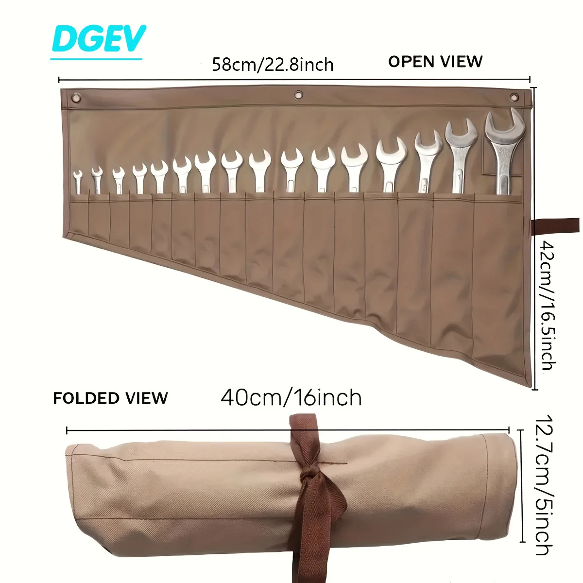 DGEV Versatile 16-Pocket Wrench Roll-Up Organizer: Waterproof, Durable Tool Storage Bag for On-the-Go Efficiency