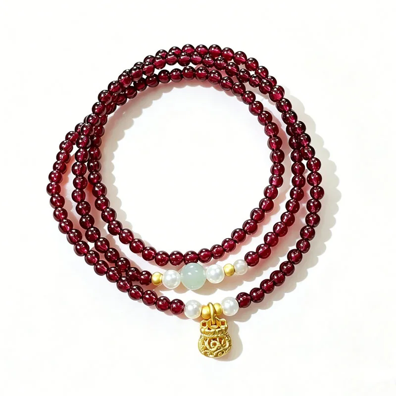Natural Garnet Bracelet Triple Strand Beaded Hetian Jade Fortune Bead Stackable Jewelry for Women Gifts