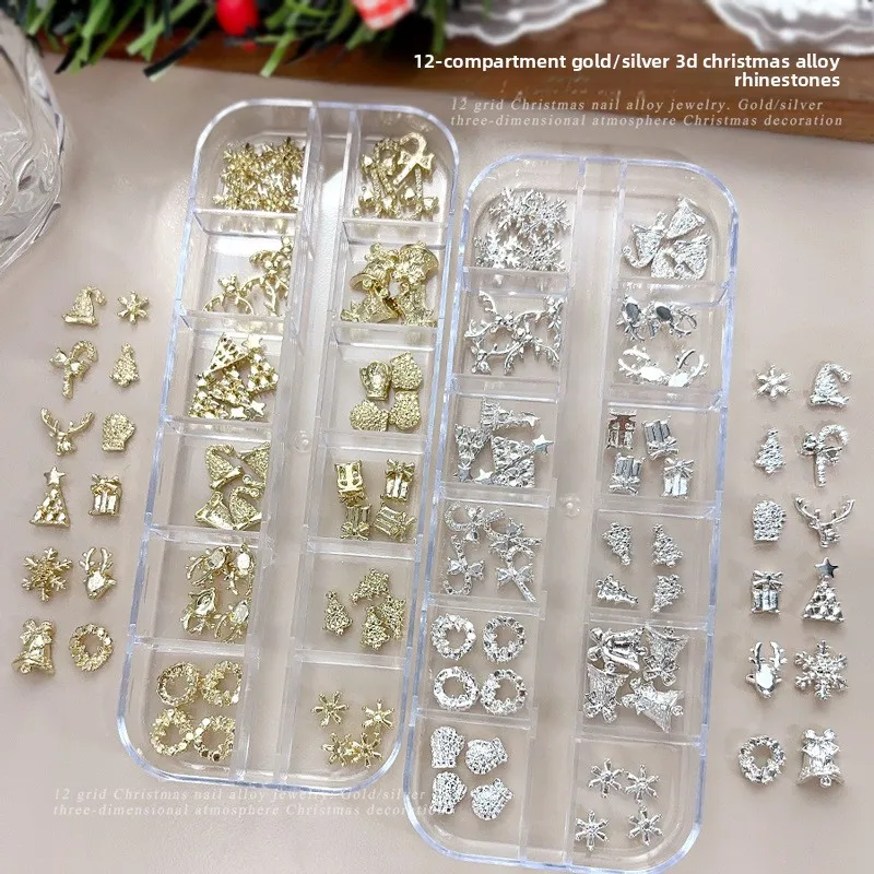 12Grids Christmas Alloy Nail Charms Set Wreath Snowflake Bell Gold Silver Color Nail Rhinestones DIY Nail Art Decor Accessories