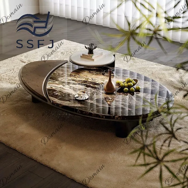 Modern Minimalist Oval Coffee Table with Marble Texture Top for Hotel Showroom Living Room Furniture