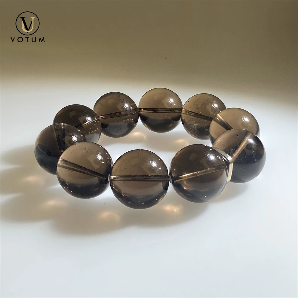 Votum Natural Large Size 21mm Round Smoky Quartz Beaded Bracelet for Unisex Meditation Spiritual Crystal Healing Stone Jewelry