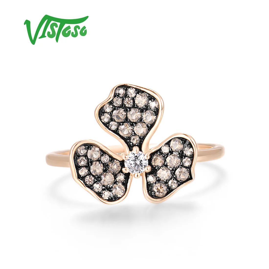 VISTOSO Genuine 14K 585 Rose Gold Rings For Women Sparkling Diamond Brown Diamonds Flower Rings Delicate Trendy Fine Jewelry