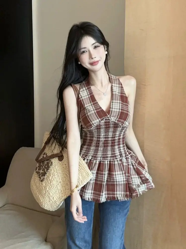 

Women Summer Sleeveless Ruffle Bustier Vacation Style V Neck Checkered Halter Tank Top
