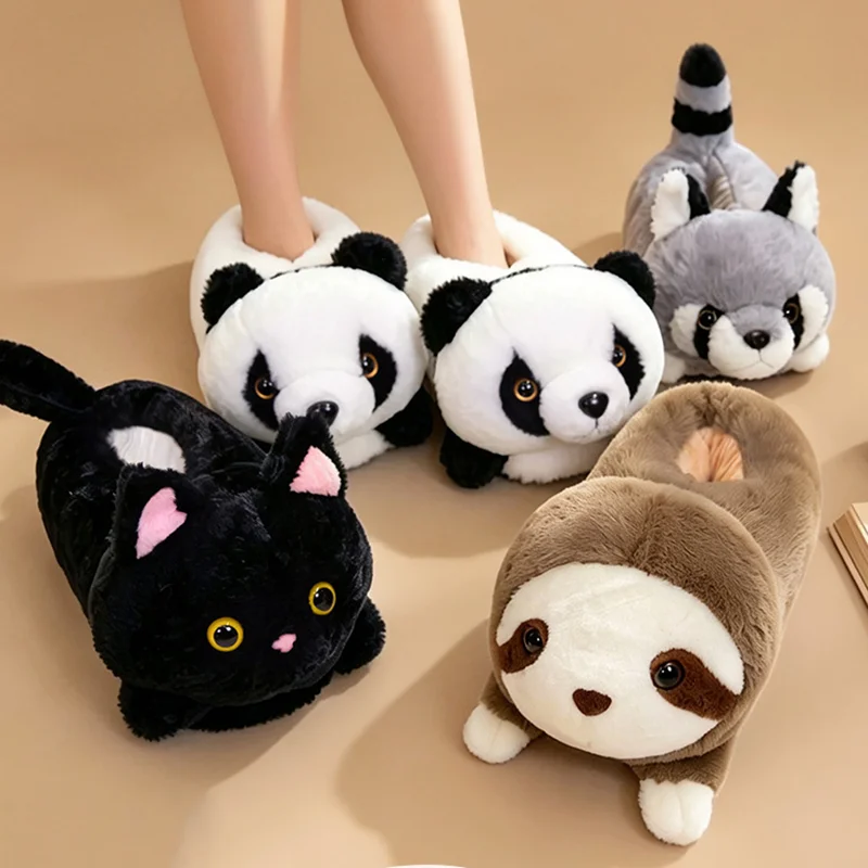 TreasuringU Animals Plush Slippers Cute Sloth Fuzzy Shoes Cartoon Black Cat Stuffed Slipper Women Man Home Shose Christmas Gifts